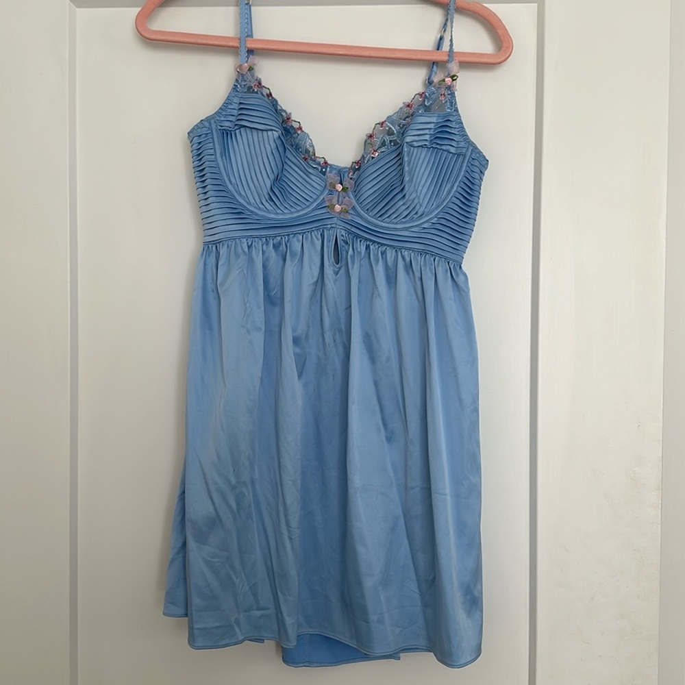 For Love & Lemons Light Blue Satin Slip Dress with Floral Trim